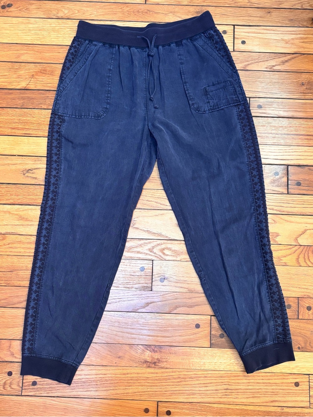 Sundance Boho Embroidered Side-Stripe Blue Joggers